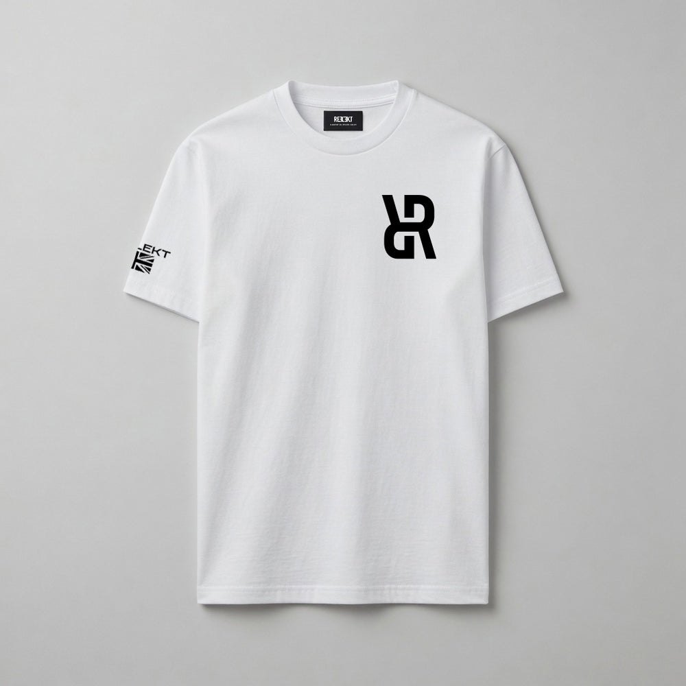White t-shirt with black REFLEKT logo on a gray background