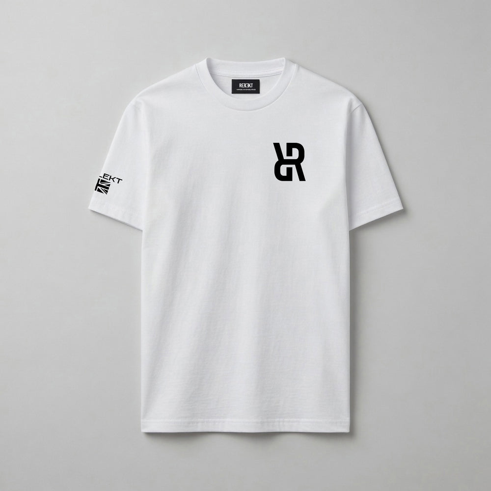 White t-shirt with black REFLEKT logo on a gray background