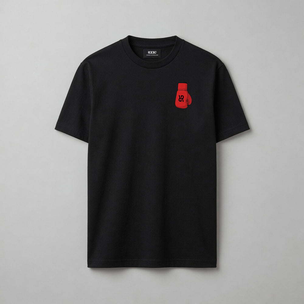 Black t-shirt with a red boxing glove logo design on a gray background