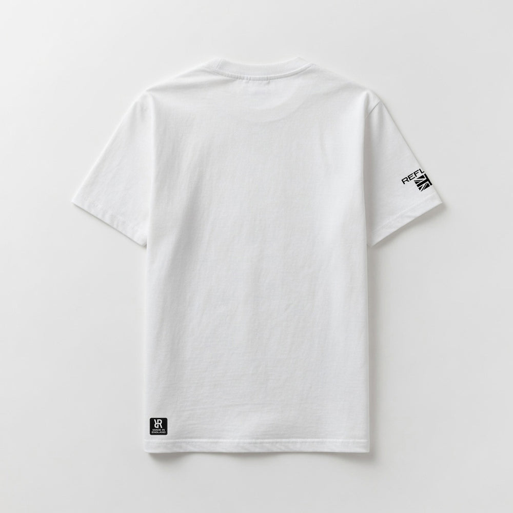 White t-shirt with a logo on the back against a light gray background
