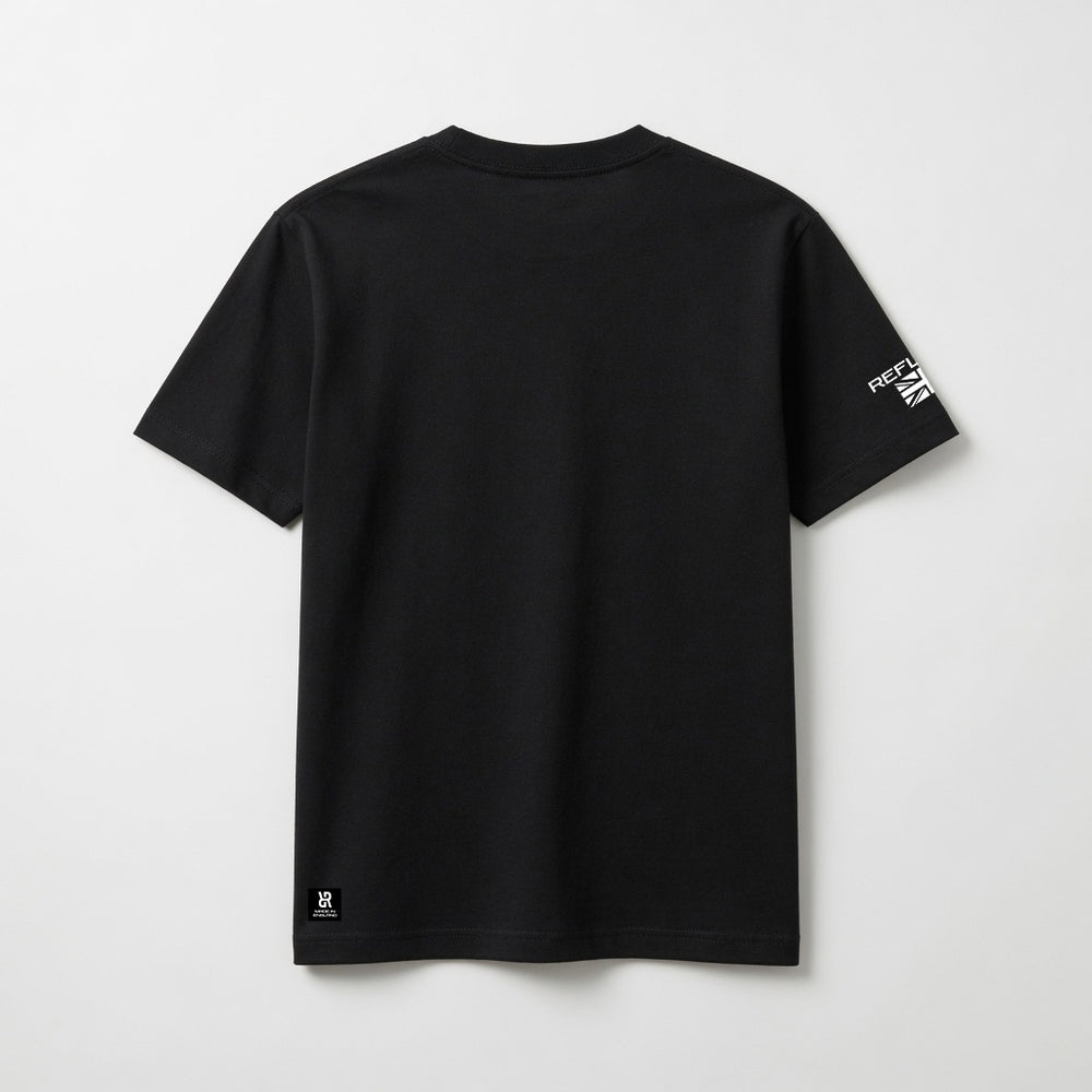 Black t-shirt with branding on a white background