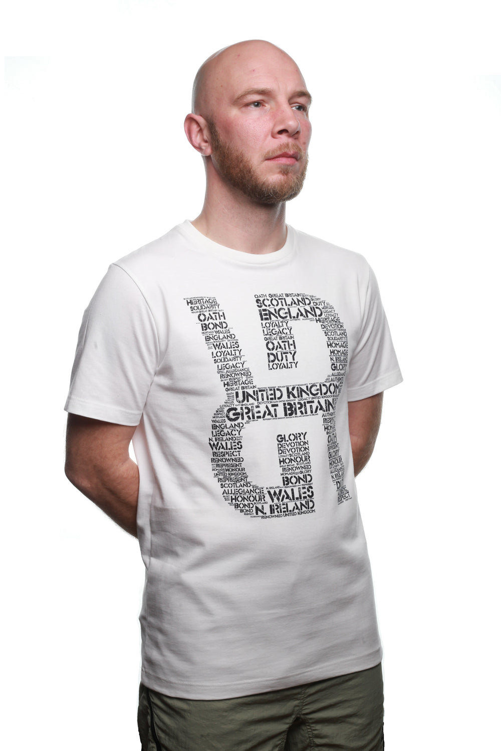 Side view of White REFLEKT Patriot T‑shirt with large Logo graphic made from heritage‑themed typography.