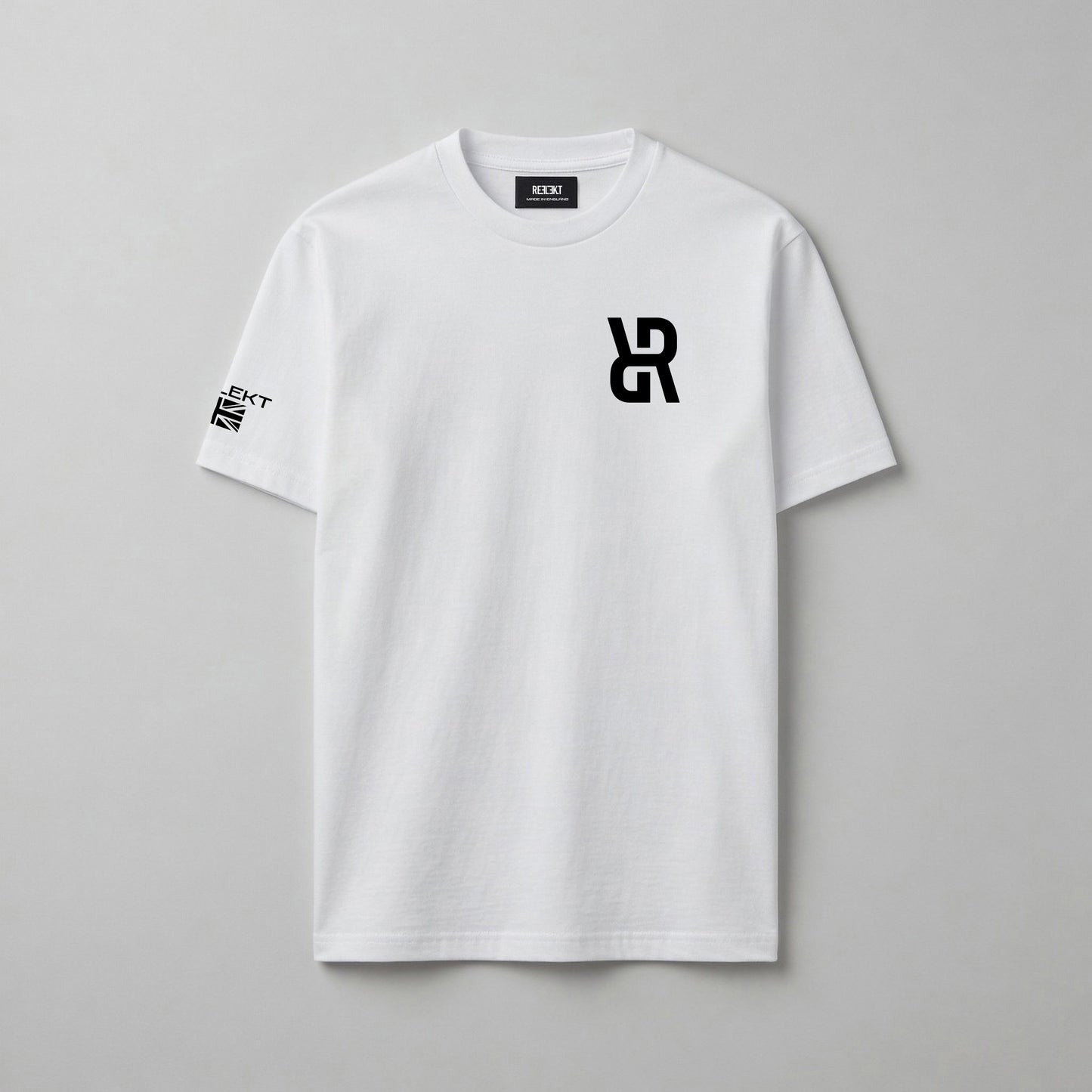 White t-shirt with black REFLEKT logo on a gray background