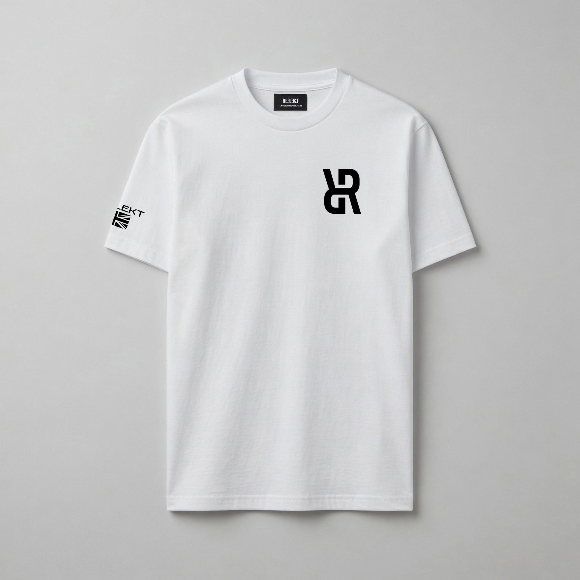 White t-shirt with black REFLEKT logo on a gray background