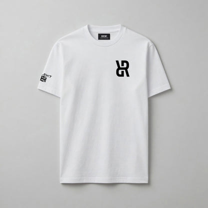 White t-shirt with black REFLEKT logo on a gray background