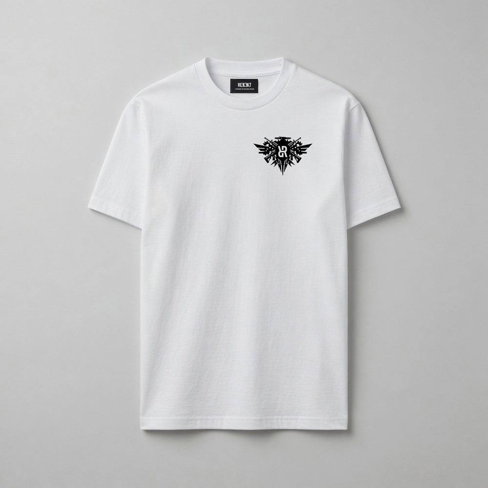 White t-shirt with black militarised logo on a gray background