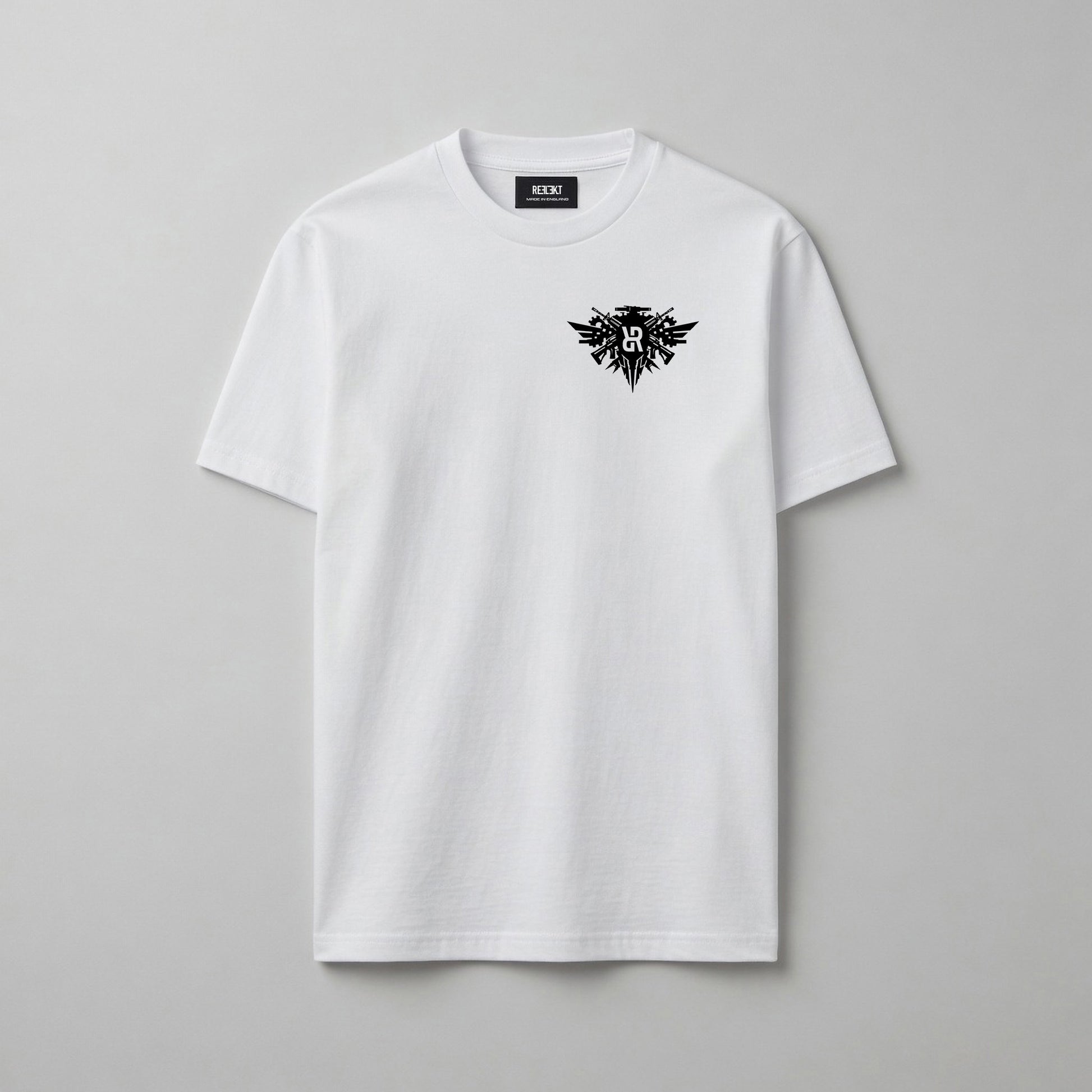 White t-shirt with black militarised logo on a gray background