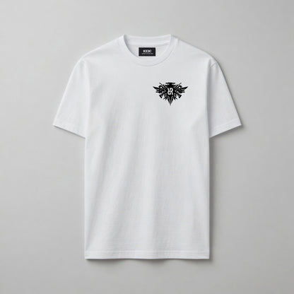 White t-shirt with black militarised logo on a gray background