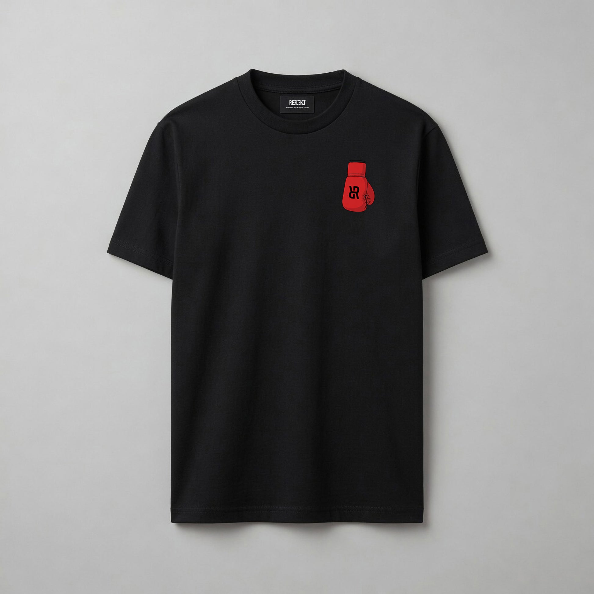 Black t-shirt with a red boxing glove logo design on a gray background
