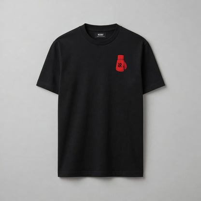 Black t-shirt with a red boxing glove logo design on a gray background