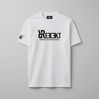 White t-shirt with black REFLEKT logo on a gray background