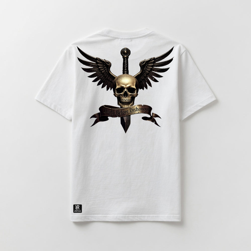 A white short-sleeve t-shirt shown from the back, featuring a large graphic print of a skull on a dagger with black wings and a banner reading 'Death Before Dishonour'.