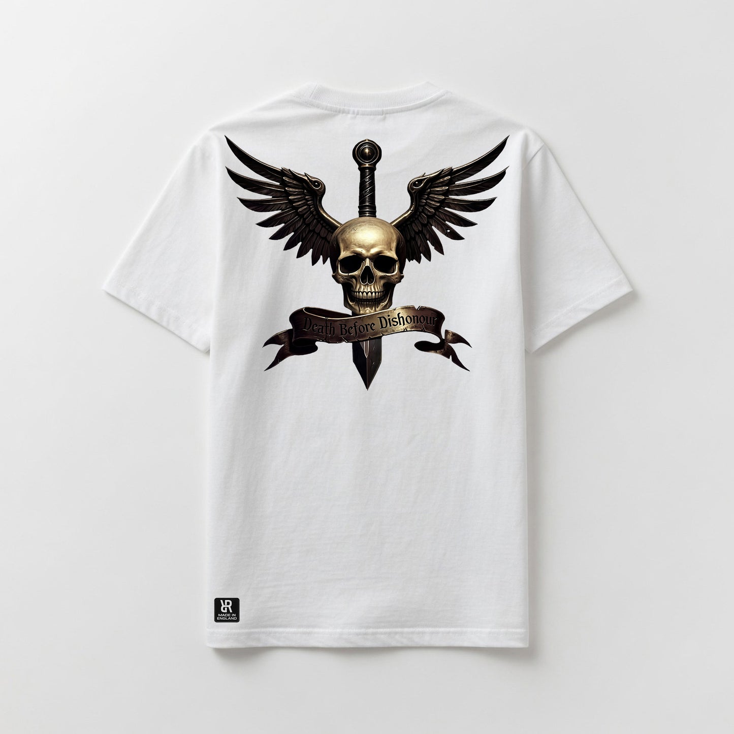 A white short-sleeve t-shirt shown from the back, featuring a large graphic print of a skull on a dagger with black wings and a banner reading 'Death Before Dishonour'.