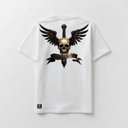 A white short-sleeve t-shirt shown from the back, featuring a large graphic print of a skull on a dagger with black wings and a banner reading 'Death Before Dishonour'.