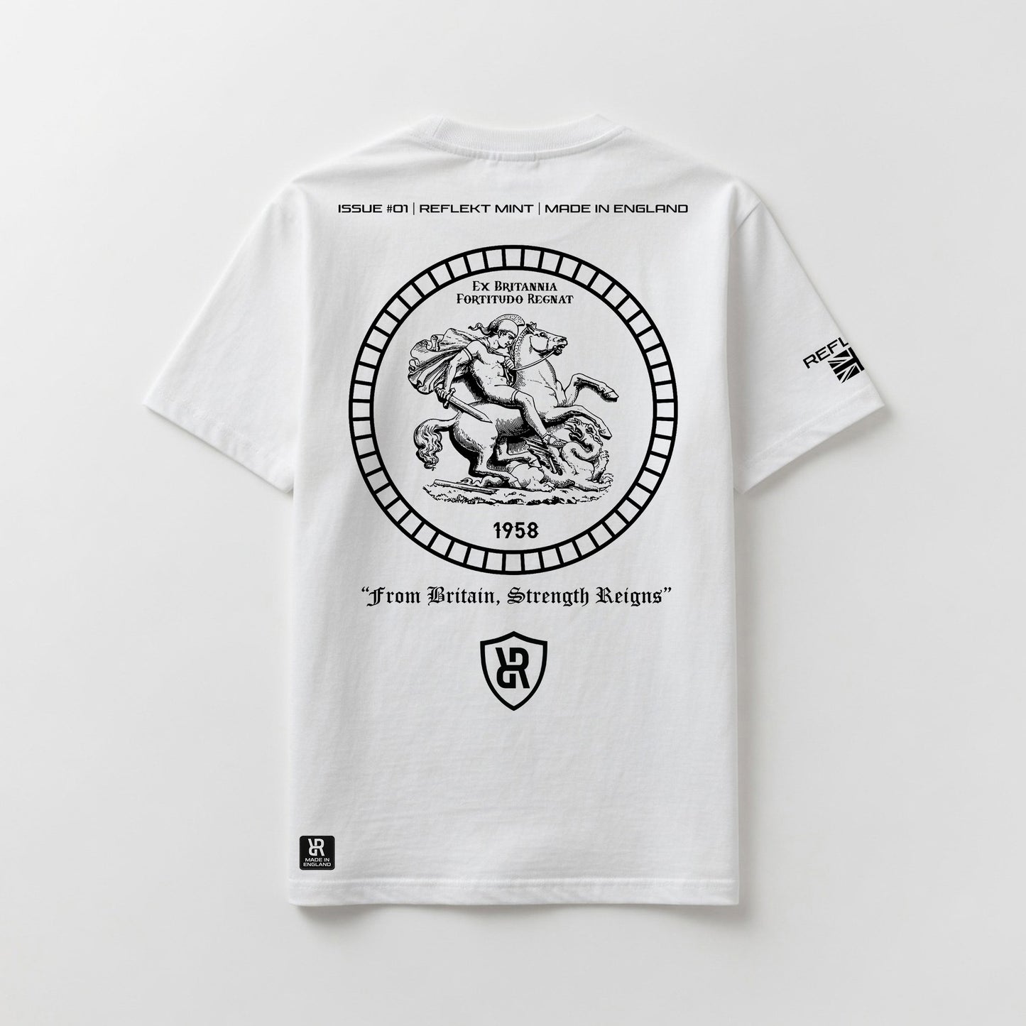 White t-shirt with black REFLEKT graphic design on a white background
