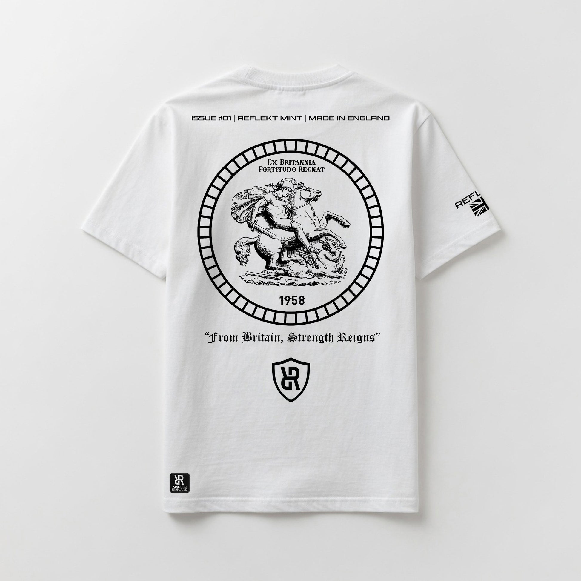 White t-shirt with black REFLEKT graphic design on a white background