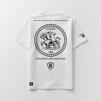 White t-shirt with black REFLEKT graphic design on a white background