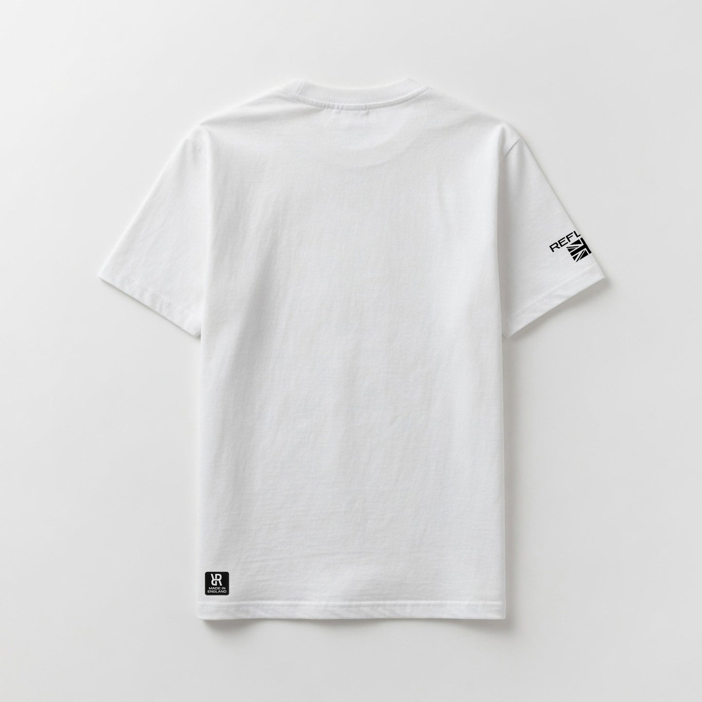 White t-shirt with a logo on the back against a light gray background