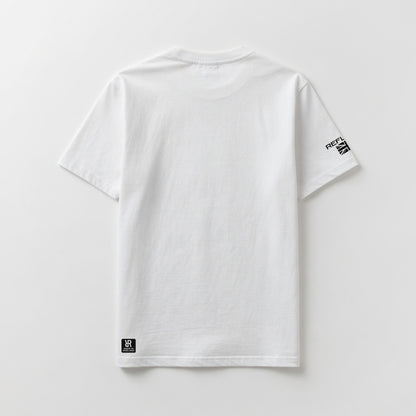 White t-shirt with a logo on the back against a light gray background