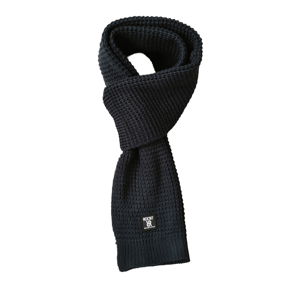 Black REFLEKT waffle‑knit scarf with front woven British‑made label.