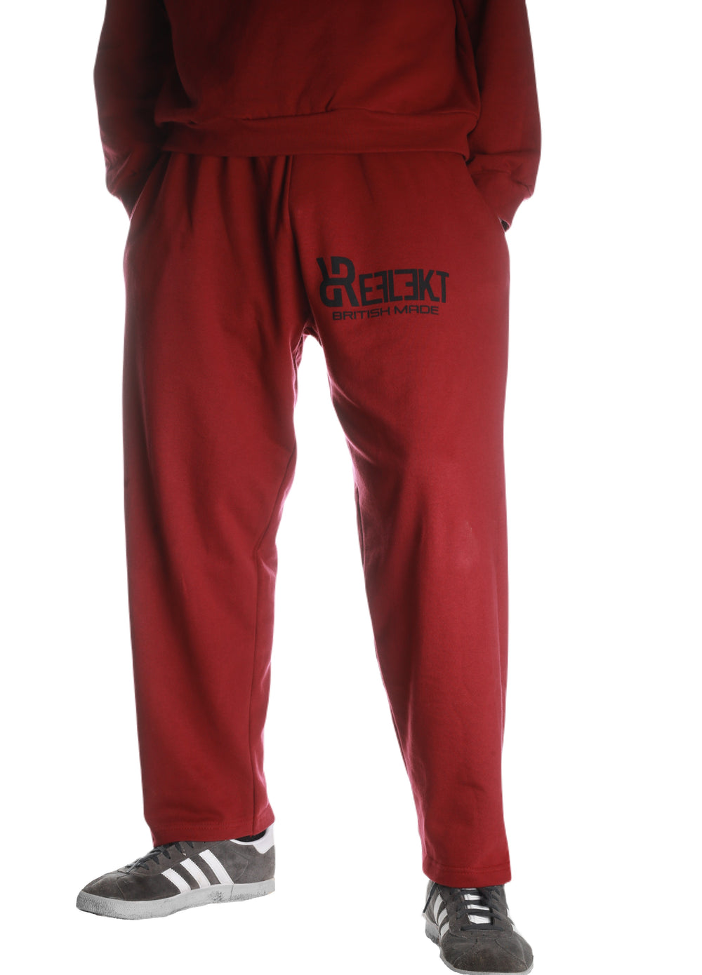 Front view of Red REFLEKT Envoy sweatpants with black front‑thigh branding.
