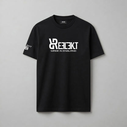 Black t-shirt with a white REFLEKT logo on a gray background