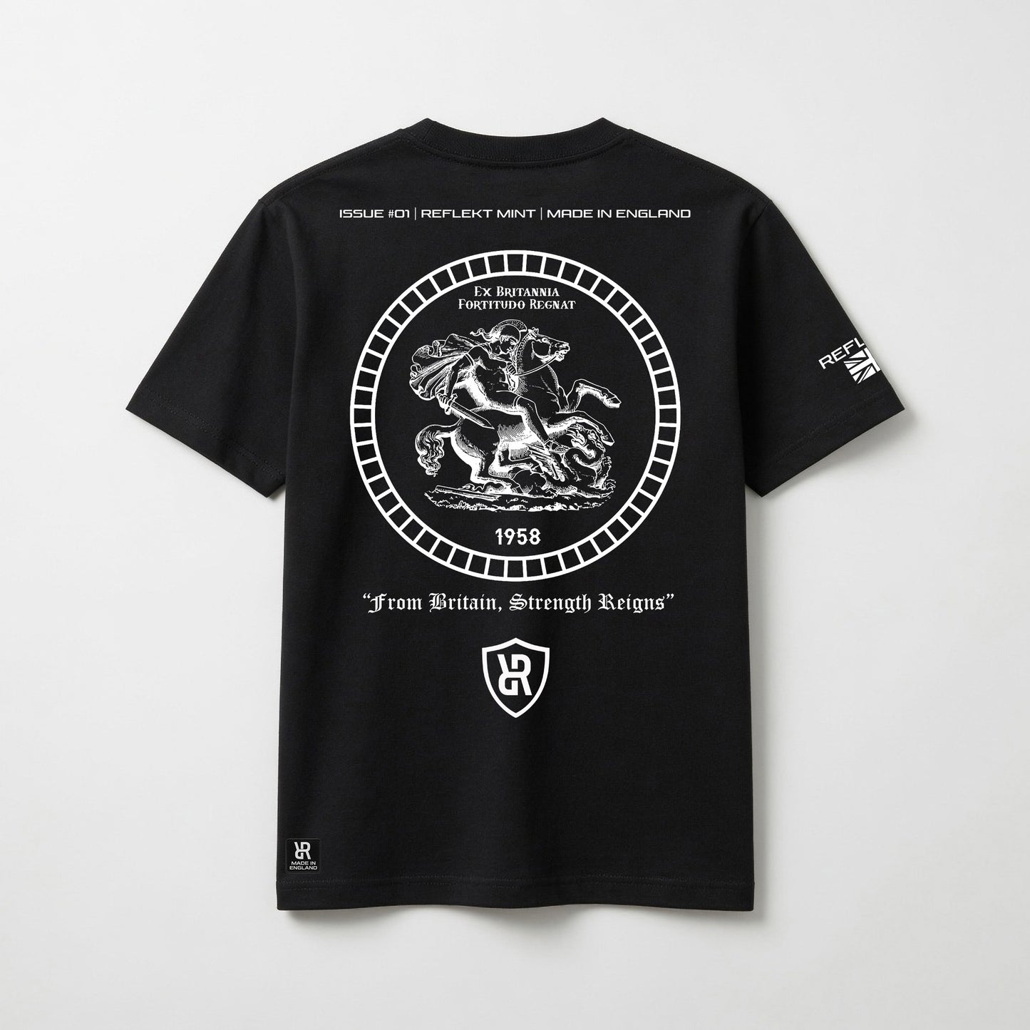 Black t-shirt with white REFLEKT graphic design on a white background