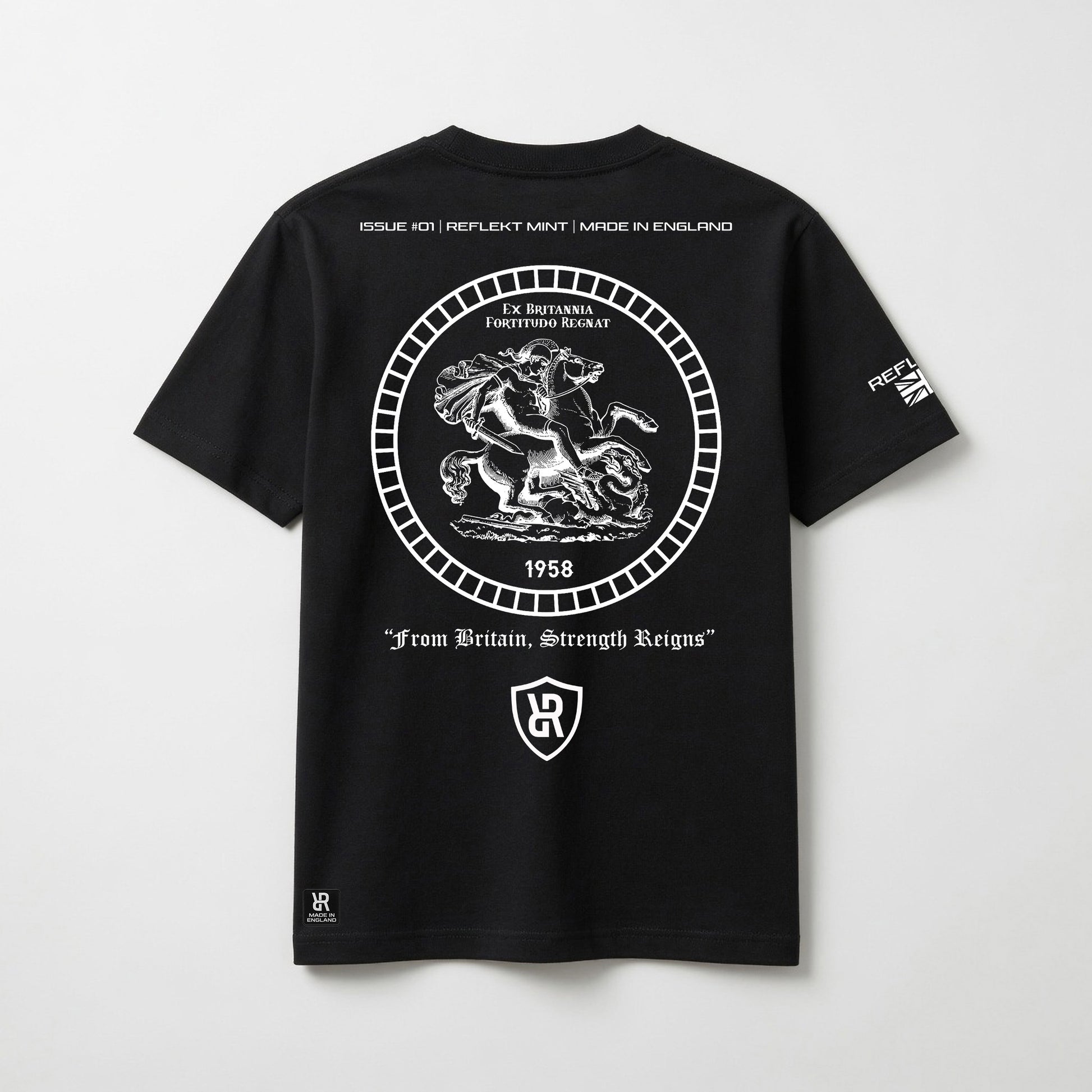 Black t-shirt with white REFLEKT graphic design on a white background