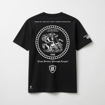 Black t-shirt with white REFLEKT graphic design on a white background