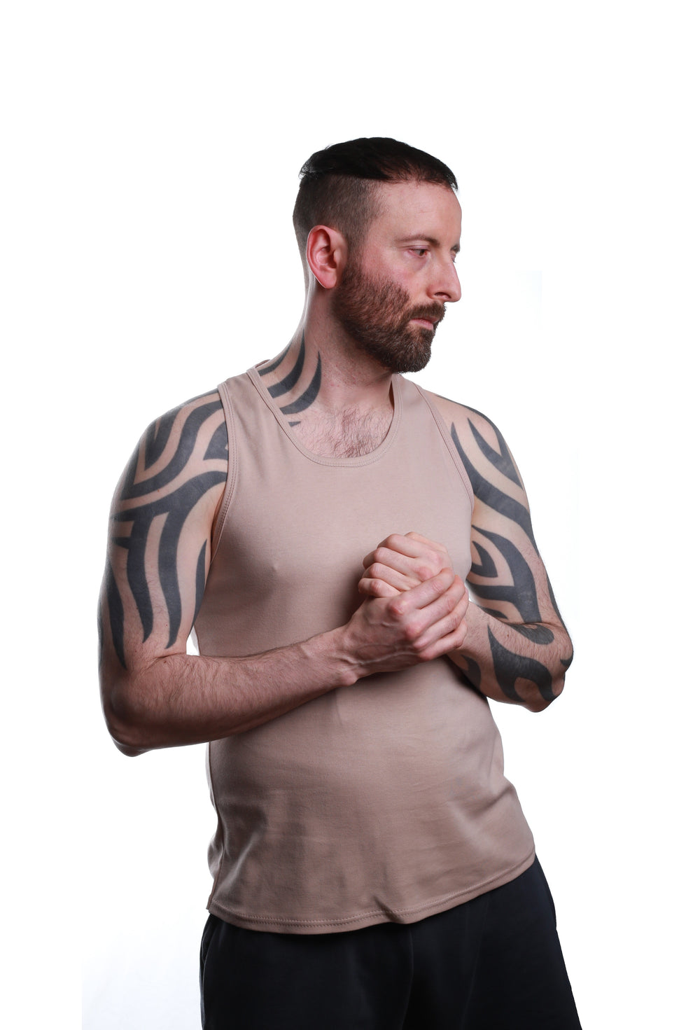 Front view of Stone‑coloured REFLEKT blank vest with racerback design.