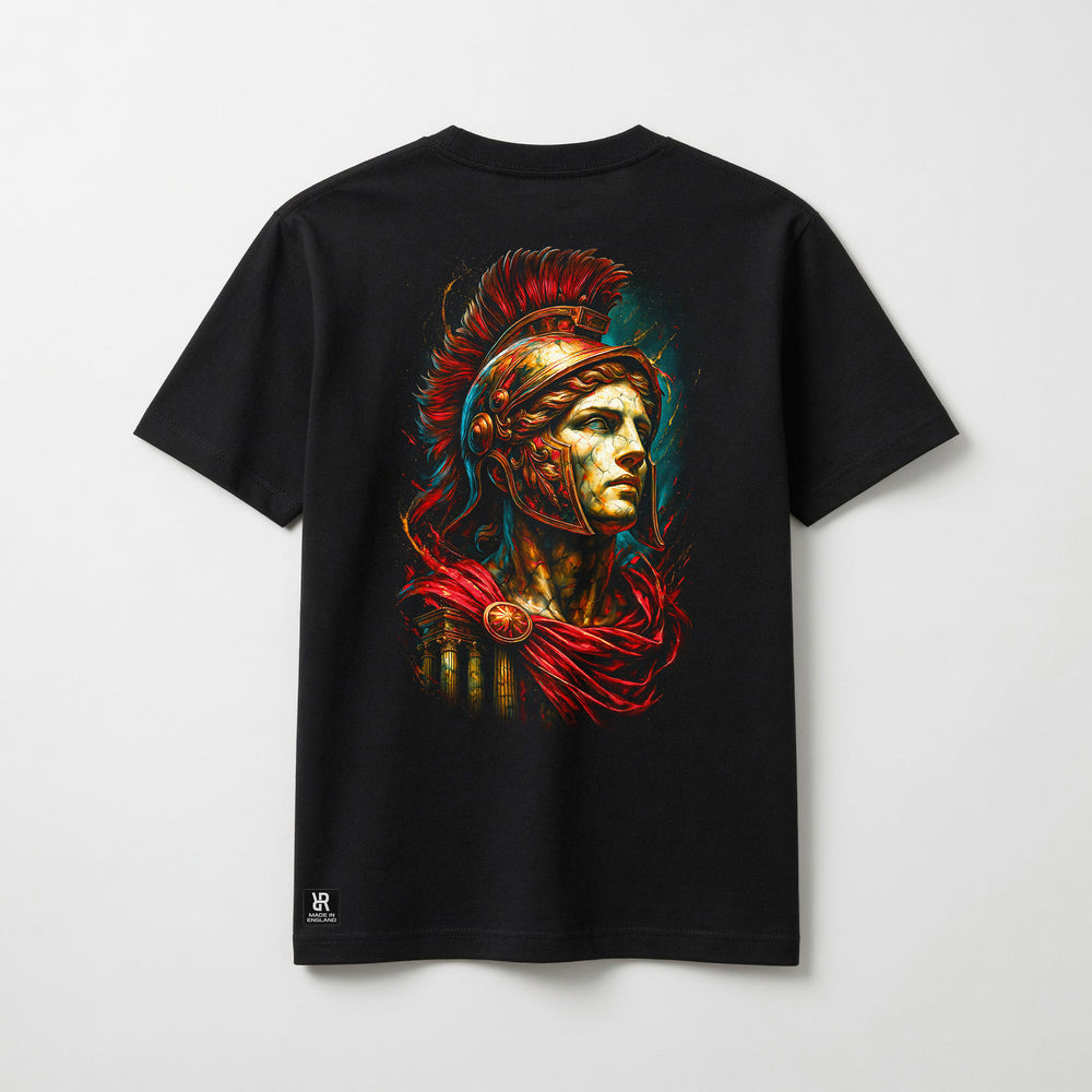 A black short-sleeve t-shirt with a large graphic print of a Roman soldier's bust on the front, featuring red, gold, and blue tones, shown against a light gray background.