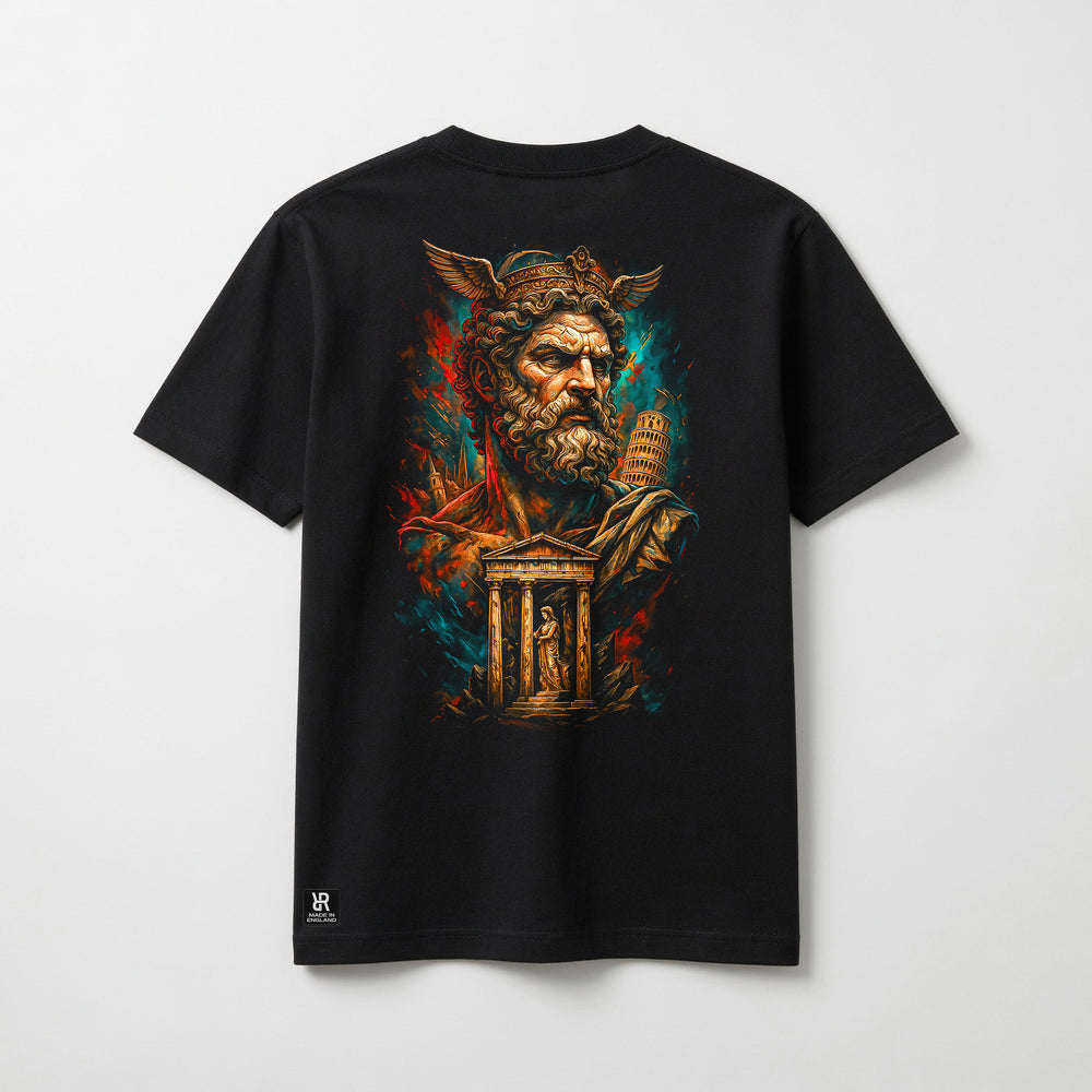 A black short-sleeve t-shirt shown from the back, featuring a large, detailed graphic print of a classical Roman-style bust with a laurel wreath, holding a scroll, set against a vibrant background of teal, red, and gold paint splatters. A small white logo is printed near the bottom left hem.