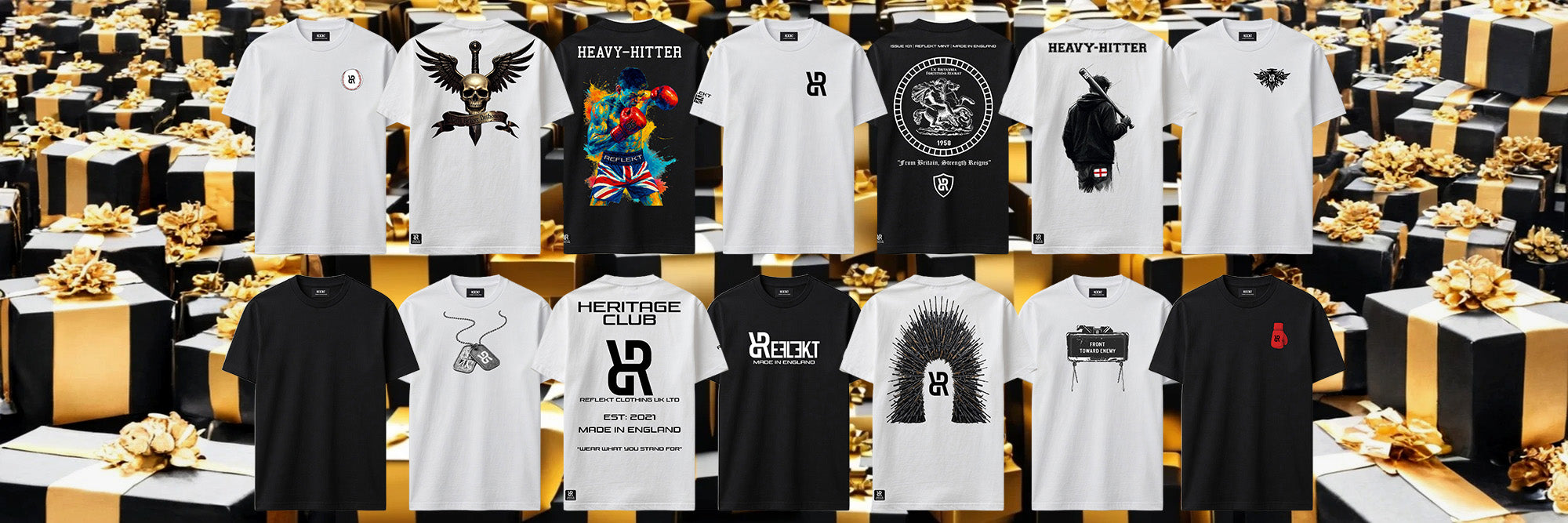 A collage-style product display showing multiple heavy metal themed t-shirts in black and white, arranged in rows against a background of gold and black gift boxes. Visible designs include an eagle, a Union Jack, a skeleton, a skull, and rock and roll imagery.