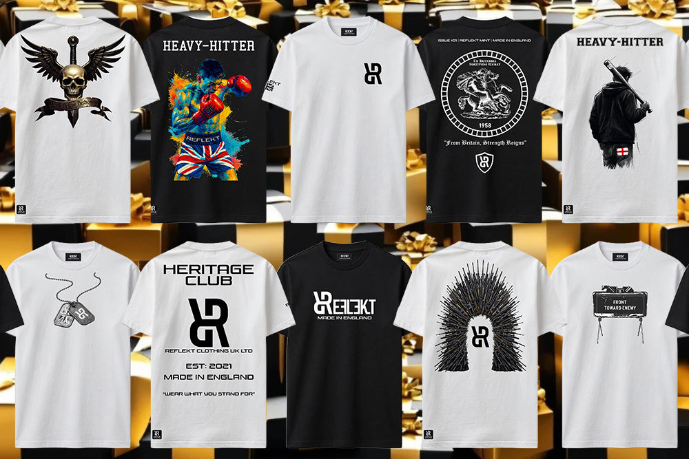 A collage of multiple graphic T-shirts displayed on hangers against a gold-patterned backdrop. The shirts are shown in white and black, featuring various designs including a skull with wings, a colorful boxing graphic, circular emblems, and text such as 'HEAVY-HITTER', 'HERITAGE CLUB', and 'REBEL CT'.