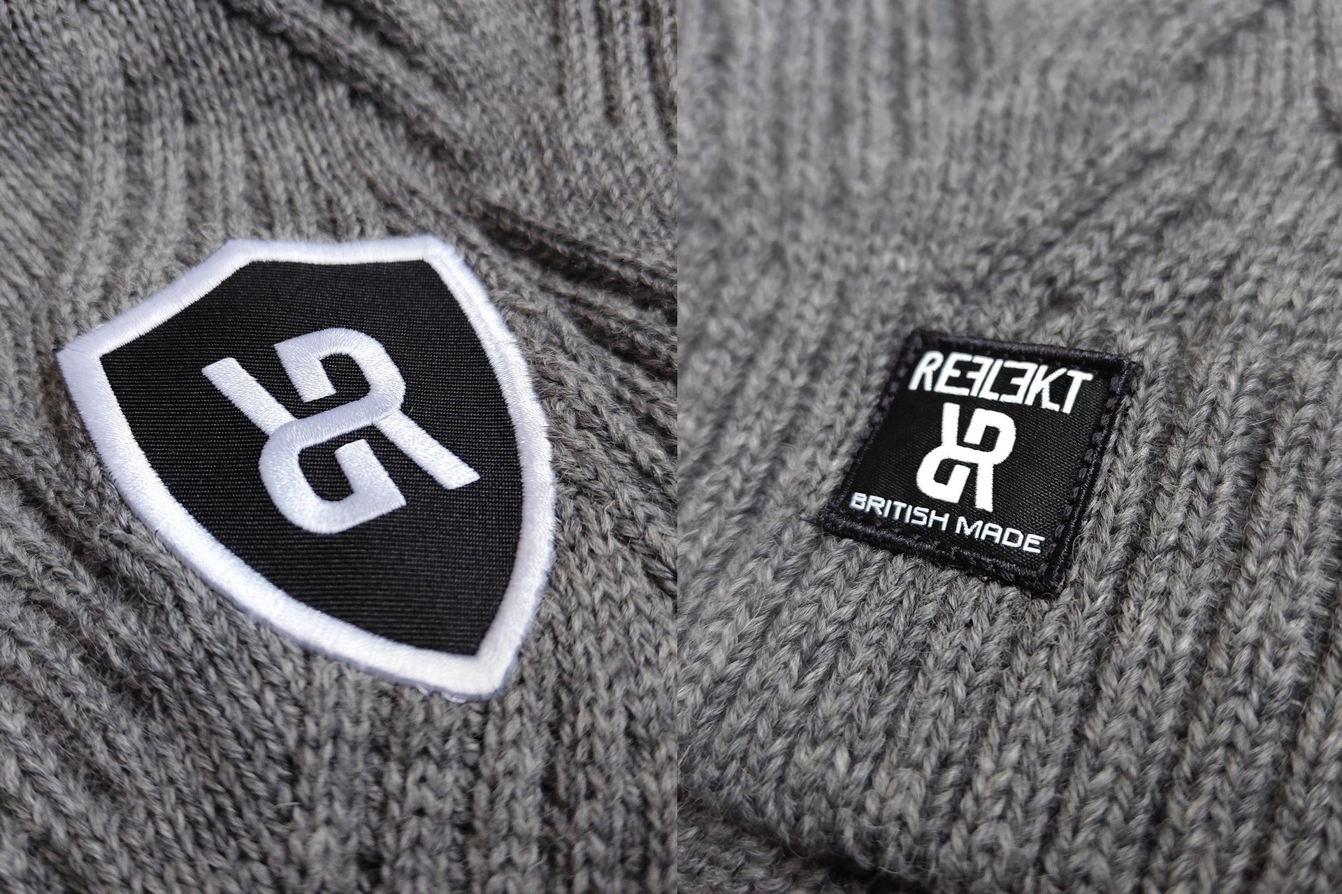Gray knitted fabric with RealAxt logo and 'British Made' text on a patch.