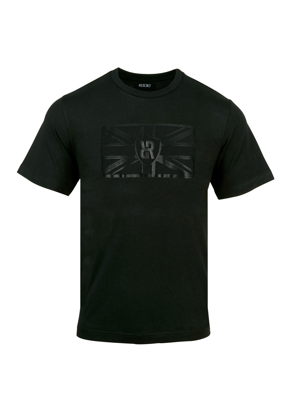 Black REFLEKT Legacy T‑shirt with tonal Union Jack graphic and shield logo on the chest.