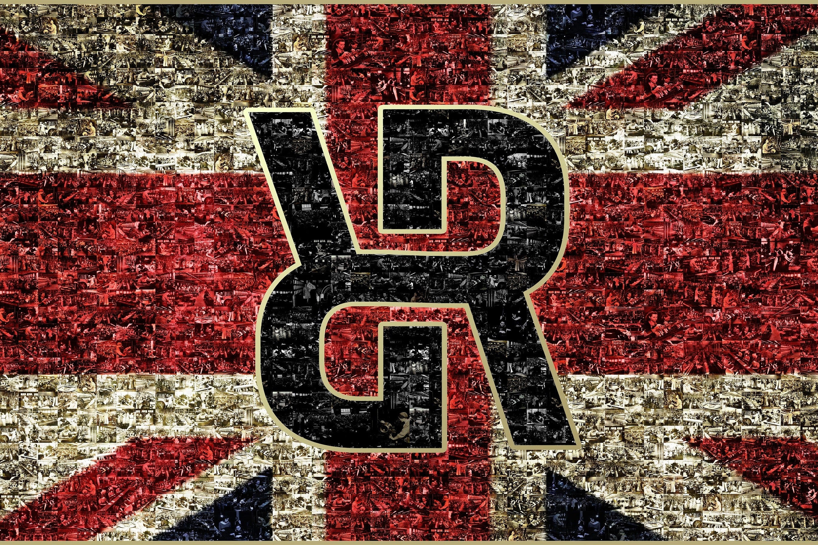 Union Jack flag with a stylized 'LG' logo mosaic overlay