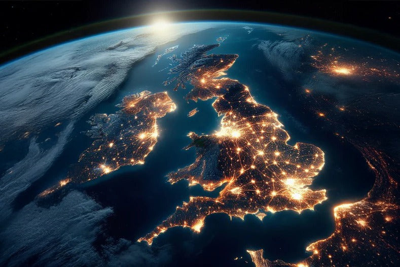 Earth from space showing illuminated cities at night, focusing on Britain.