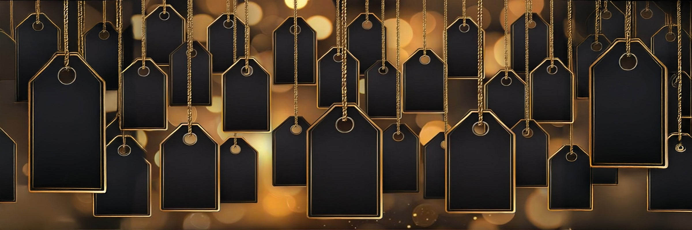 Collection of black and gold sales tags hanging against a warm, blurred background