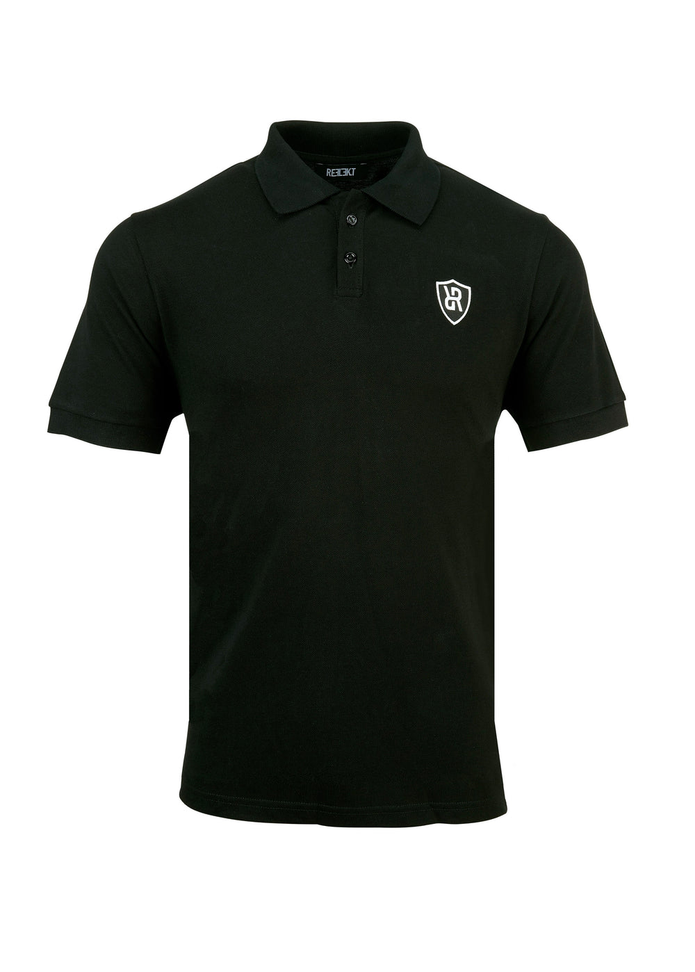 Black REFLEKT Signature polo shirt with white embroidered shield badge on the chest.