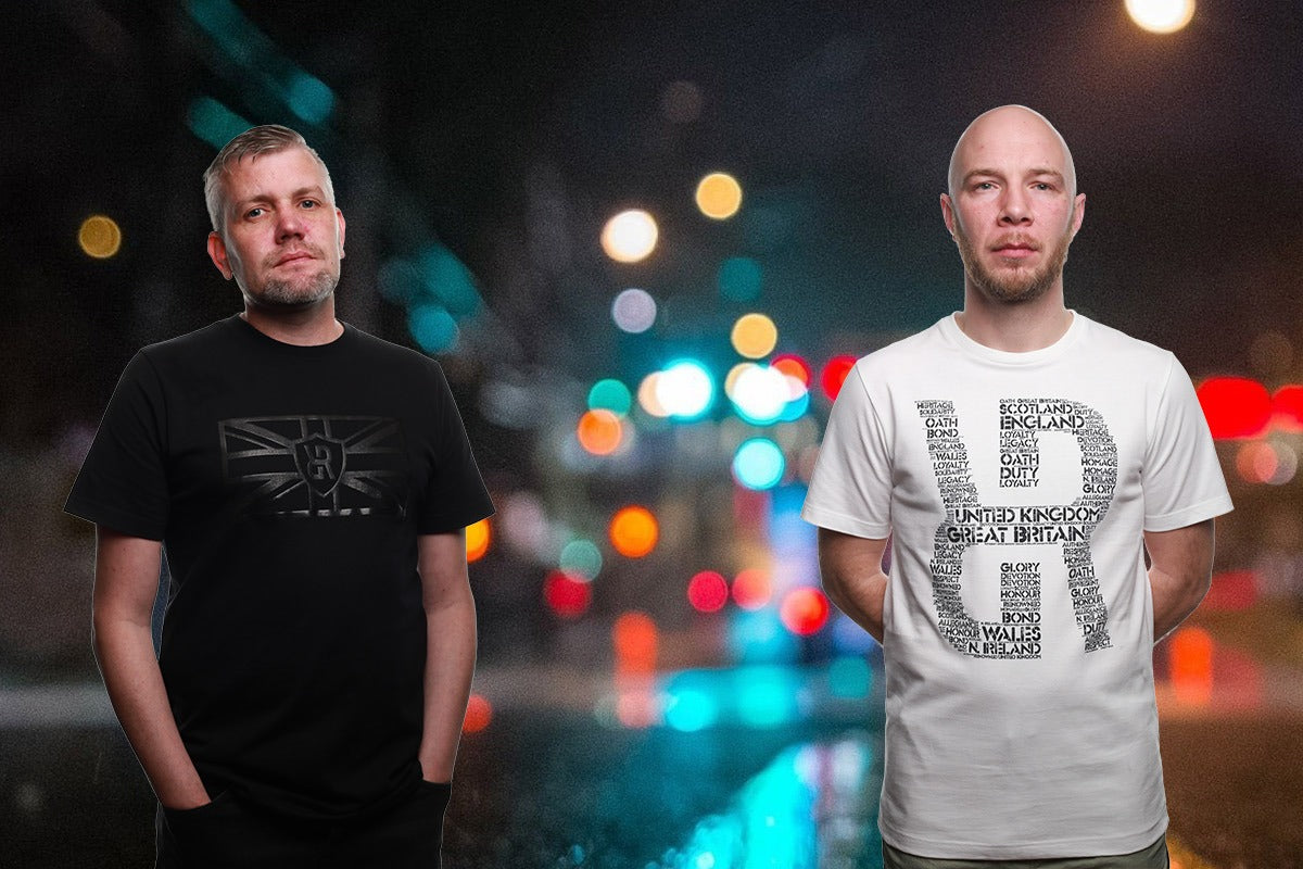 Two men standing side by side with a blurred cityscape background