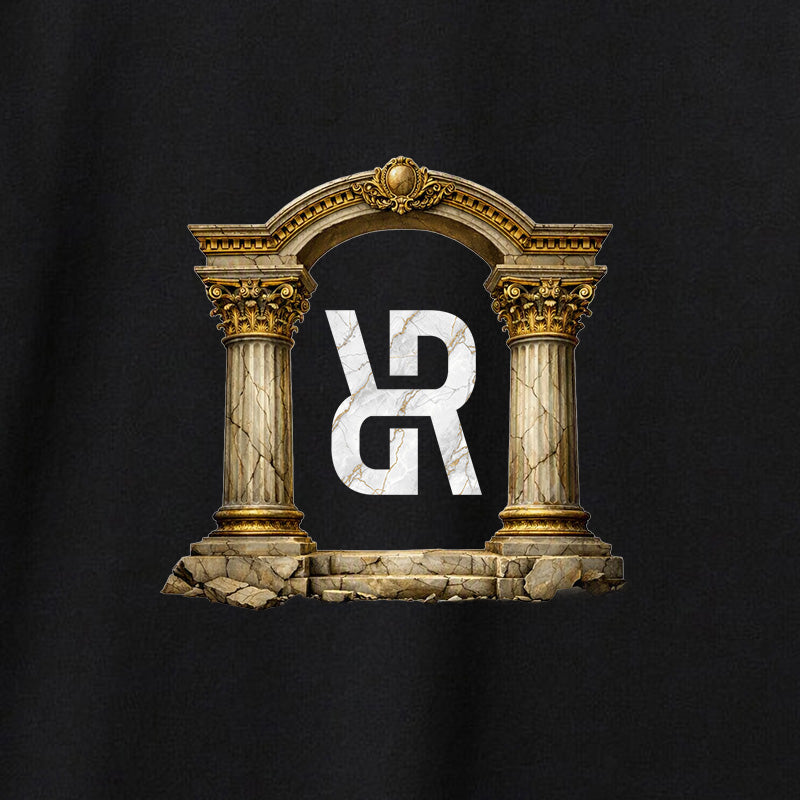 A black t-shirt featuring a graphic print of a classical stone archway with gold accents and a white marble-textured monogram logo in the center.