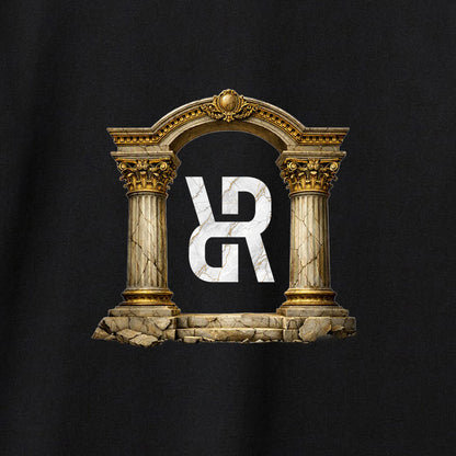 A black t-shirt featuring a graphic print of a classical stone archway with gold accents and a white marble-textured monogram logo in the center.